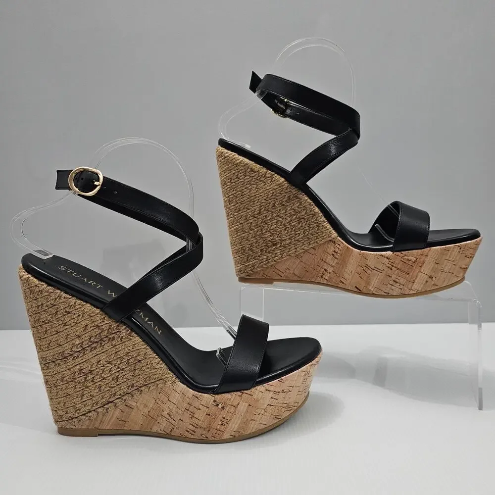 Stuart Weitzman 5050 Espadrille Wedge Platform Sandal 11 Black Leather Cork - Picture 3 of 14